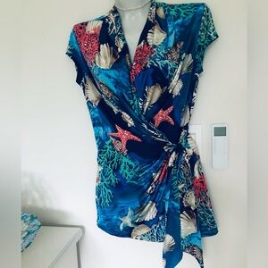 Cache Blue Teal Coral Sea Life Wrap Top